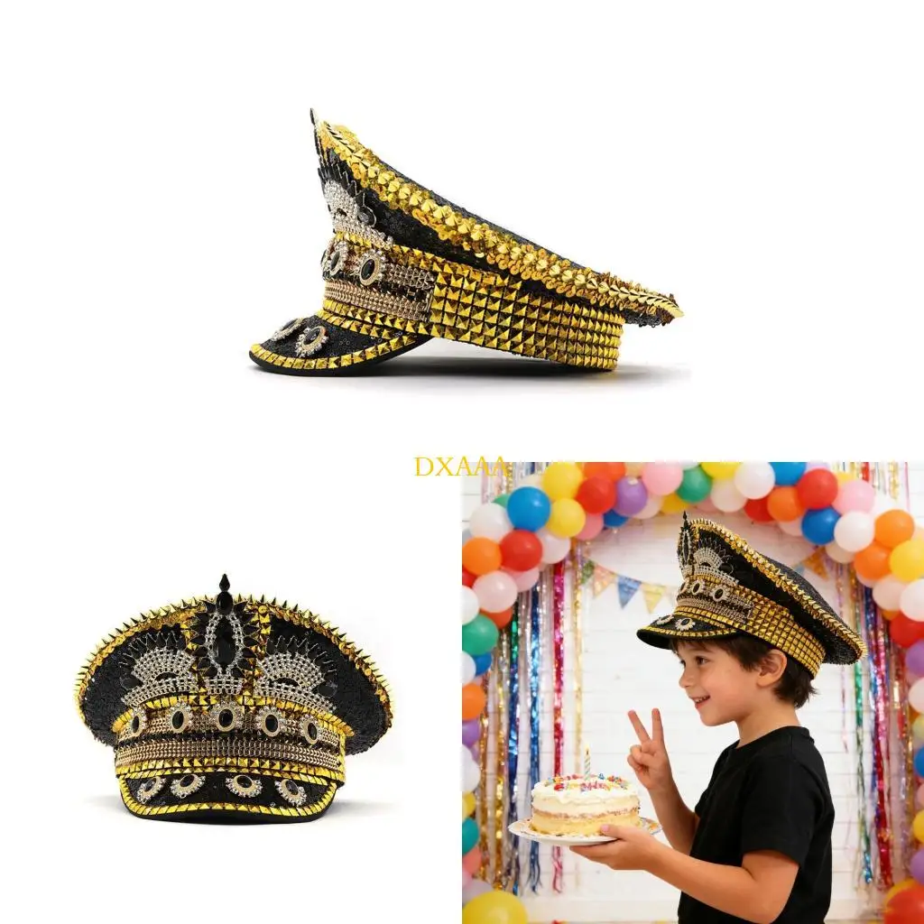 

DXAA Luxurious Marine Hat with Decorative Rhinestones and Rivet Studs Cool Top Hat for Music Festival Gathering Photography
