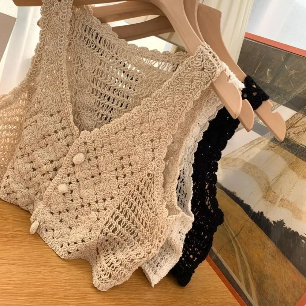 

Vintage Hollow Out Vest Crochet Crop Tank Tops Knitted Sleeveless Fabric Casual Tops Chic Beach Buttons Up Cardigans Women