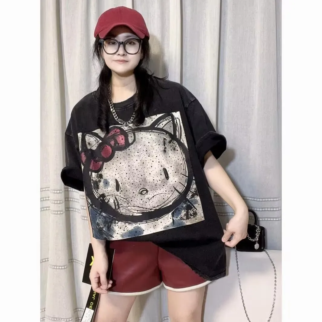 

2025 Summer New Heavy Crafted Cartoon Hello Kitty Short Sleeved Shirts for Women Loose Casual Versatile Tops Aesthetic Clothes