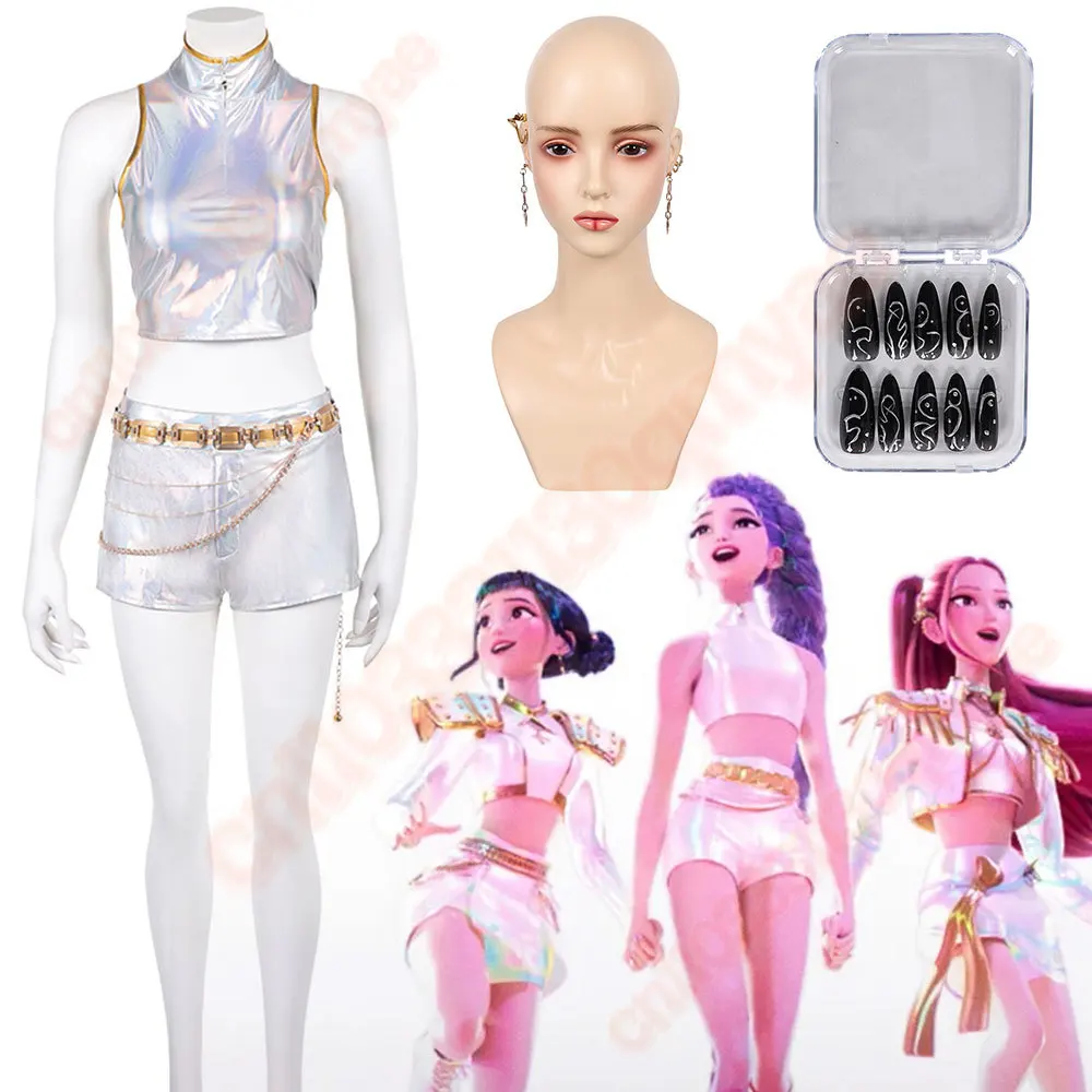 

Kpop Demon Hunters Rumi Cosplay Costume for Women Girls Uniform Earrings Nail Art Set Roleplay Halloween Carnival Role Play Suit