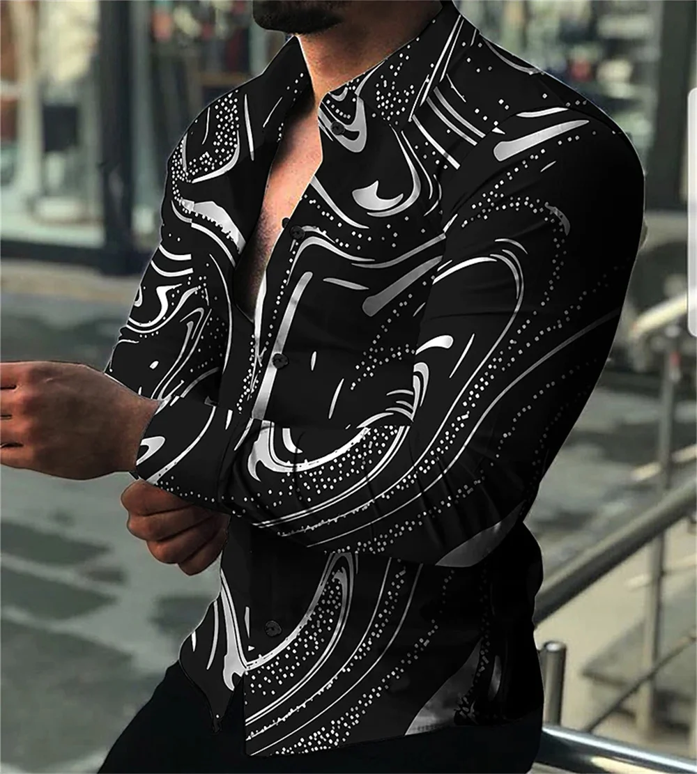 Men\'s Classic Summer Pattern Printed Long sleeved Polo Collar Cardigan Shirt Fashion Street High Quality Creative Men\'s Clothing