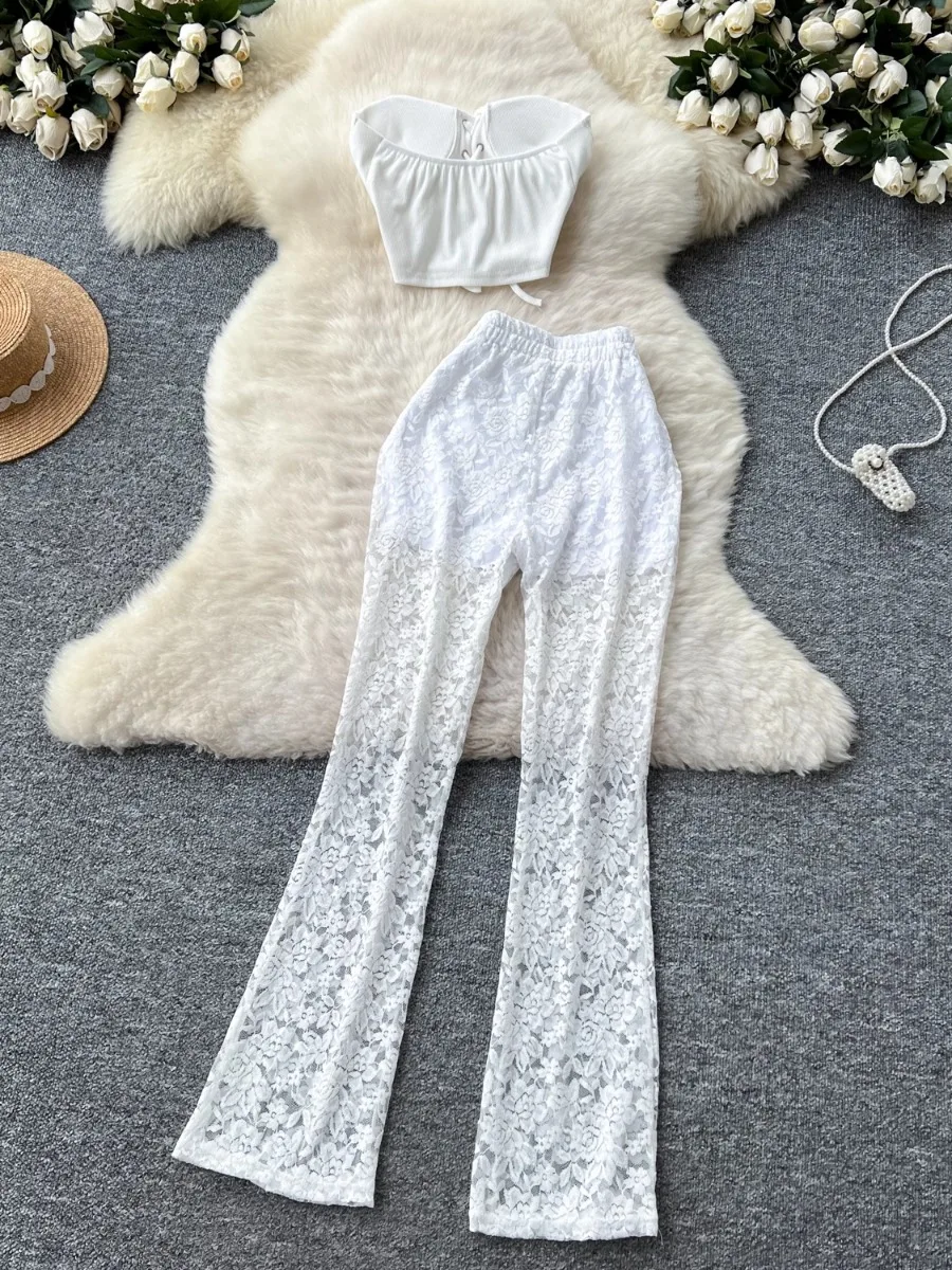 Foamlina American Ins Weibliche Sexy Träger Ärmellose Tube Top Enge Weste Camis + Hohe Taille Hüfte Wrap Spitze Hosen Hosen