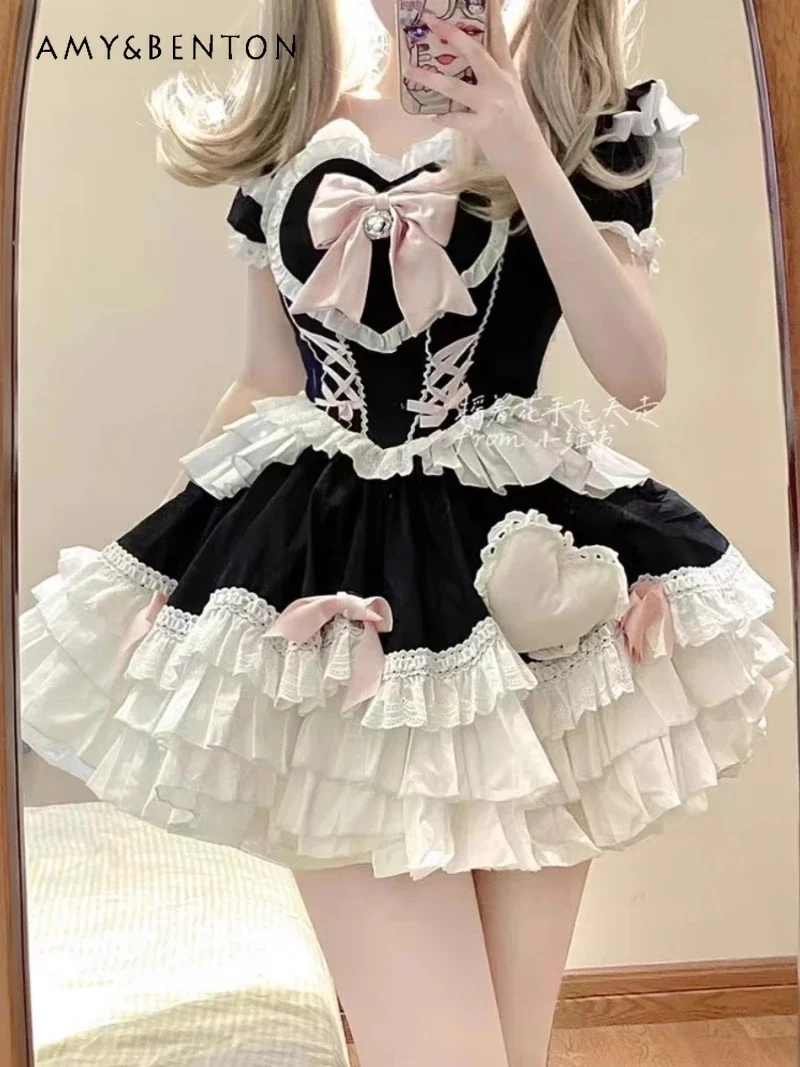 

2024 New Summer Japanese Cute Short-Sleeved Lolita Bow Atmosphere Wear Dress Lace Edge Fluffy Princess Dress For Women