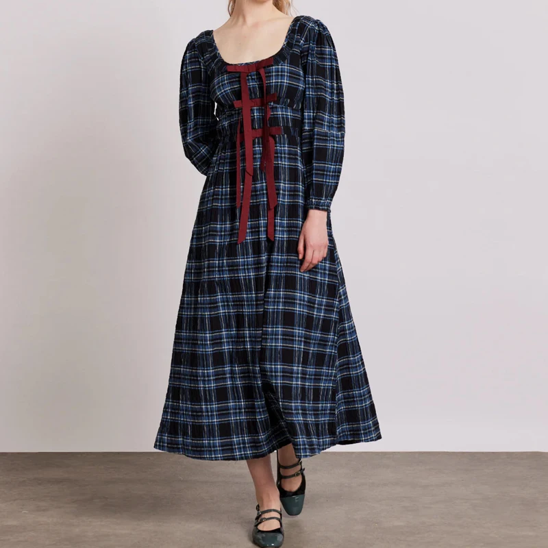 Women's 2024 Summer Boho Square Neck Front Bow Midi Dress Lady Vintage Puff Long Sleeve Plaid Ruffle Backless Maxi Dress