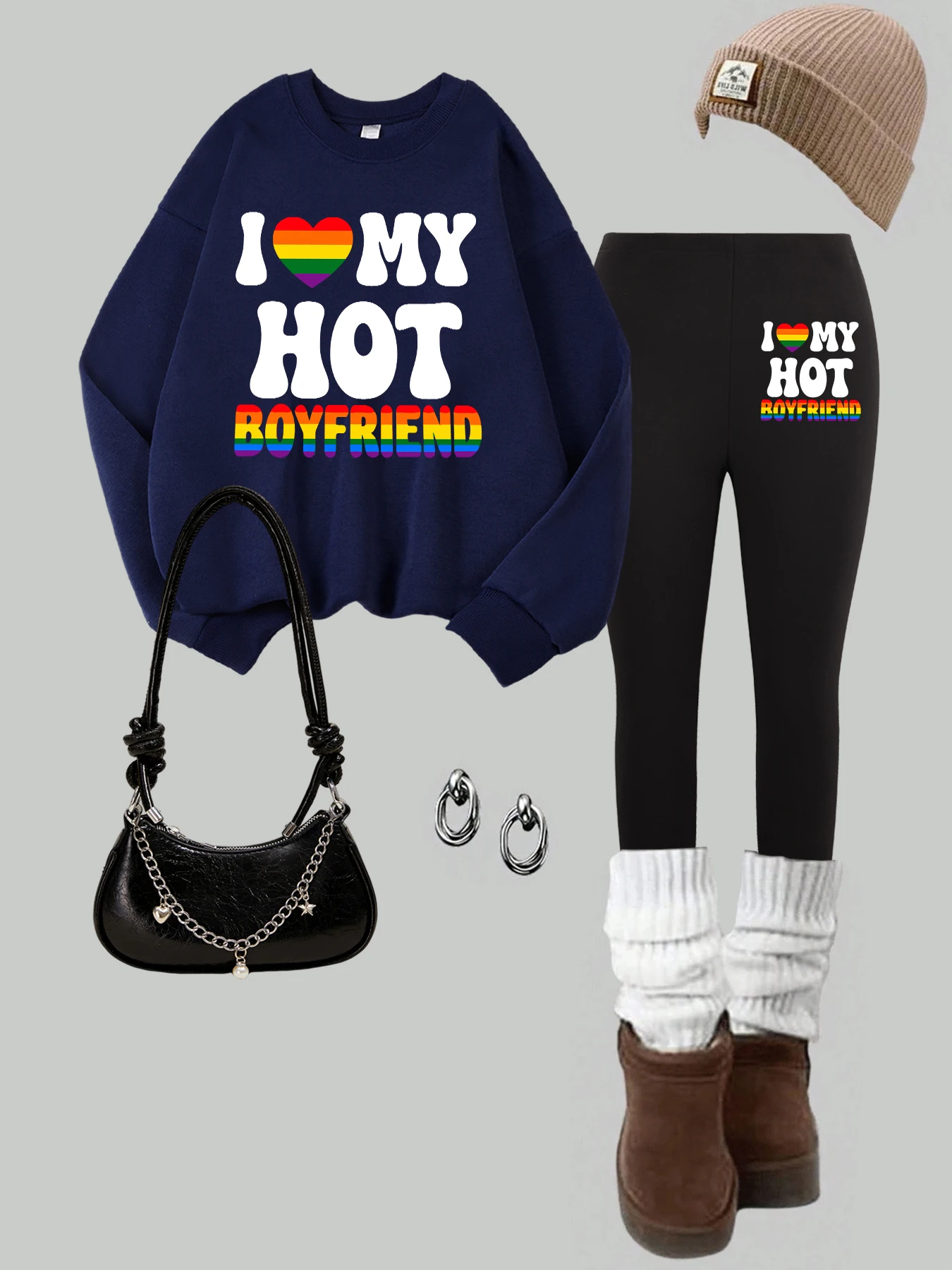 

Женский комплект свитшотов с рисунком бойфренда I Love, свободные пуловеры с круглым вырезом, флисовые эластичные леггинсы, осенние утепленные комплекты брюк