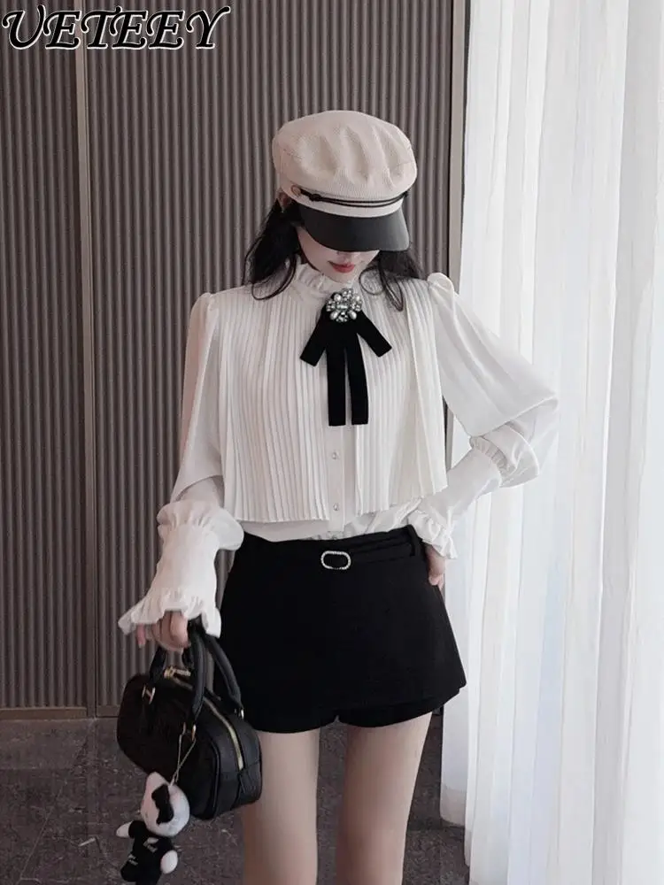 

Pleated Patchwork Stand Collar Blouse Long Sleeve Diamond Button Chiffon Shirt 2026 Spring New Versatile White Long Sleeve Tops