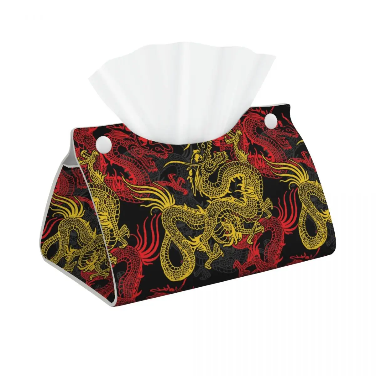 Custom Golden Chinese Dragon Pattern Tissue Box Cover Rectangular PU Leather Oriental Mythical Facial Tissues Holder for Home