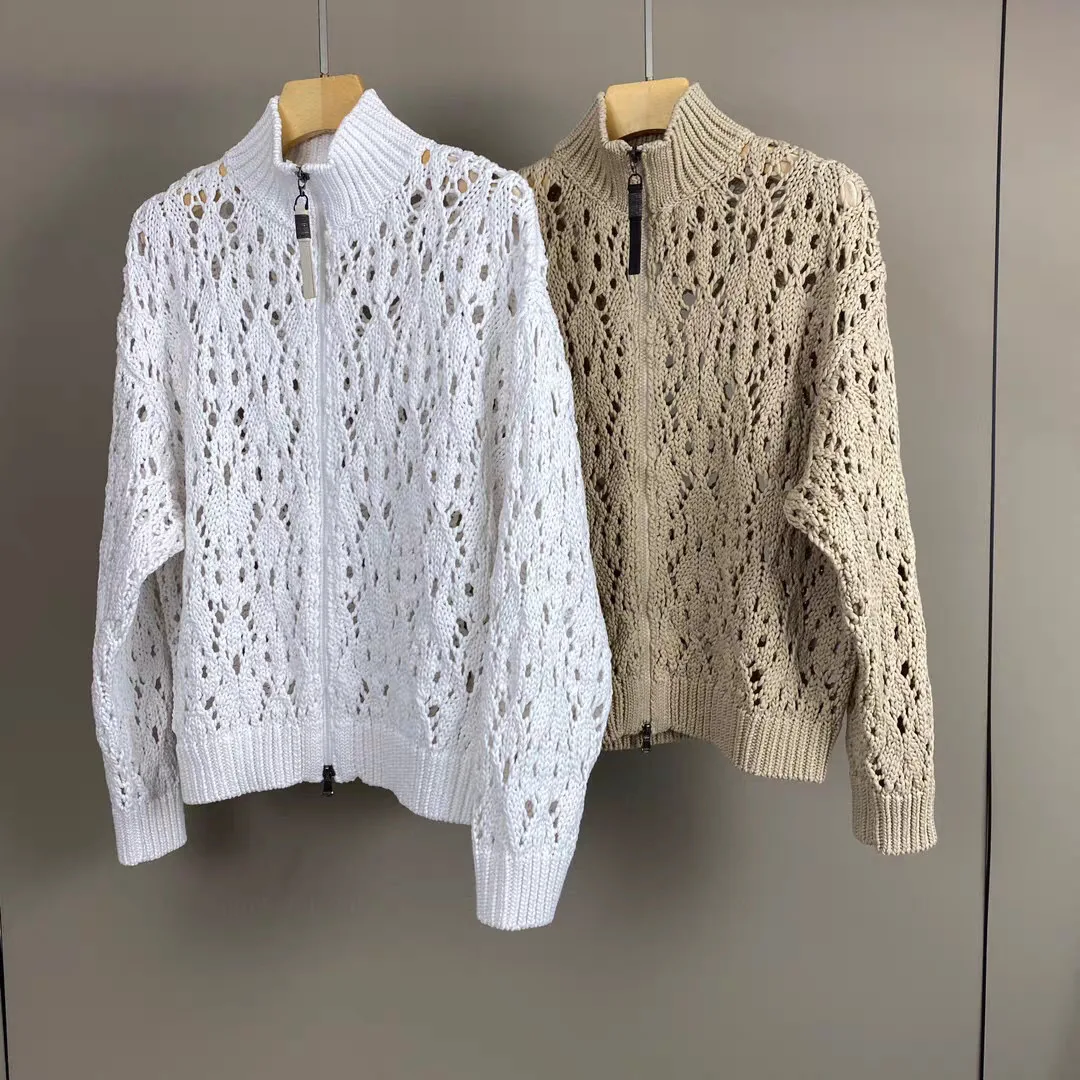 

Women Hollow Out Cardigan 100% Cotton Beaded Zipper Stand Collar Long Sleeve Casual Autumn 2024 Knitted Sweater