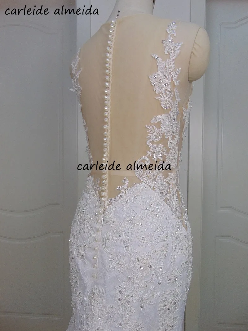 Vestido De Noiva Scoop Sheer Tulle Back Mermaid Lace Wedding Dress with Bead Appliques Court Train Bridal Gowns