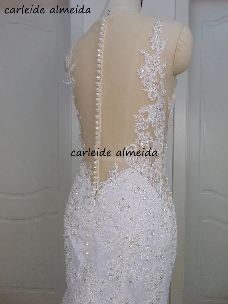 Mermaid Lace Vestido de Noiva com Bead Appliques, colher Sheer Tulle Back, Tribunal Trem Vestidos De Noiva