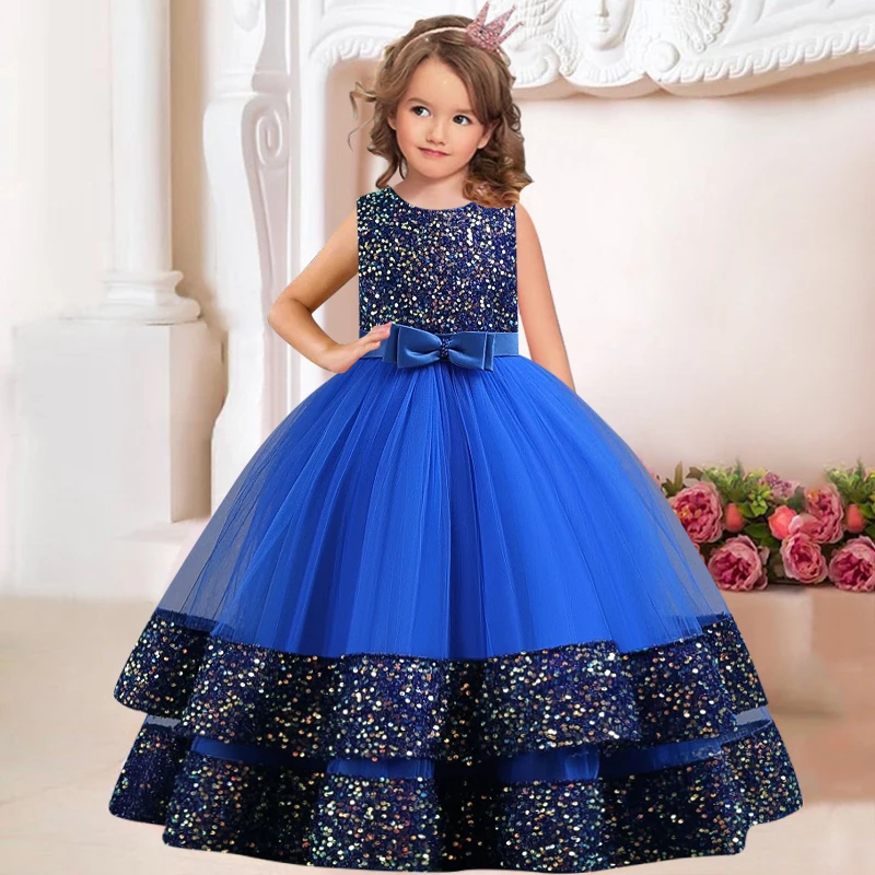 Children\'s Sequins Bowknot Princess Dress Girls\' Fashion Pearl Cake Long Dress Christmas Banquet Host Show Dress