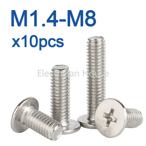 10 unids/lote tornillo de cabeza de oblea plana súper fino Phillips CM de acero inoxidable M1.4 M1.6 M2 M2.5 M3 M4 M5 M6 M8
