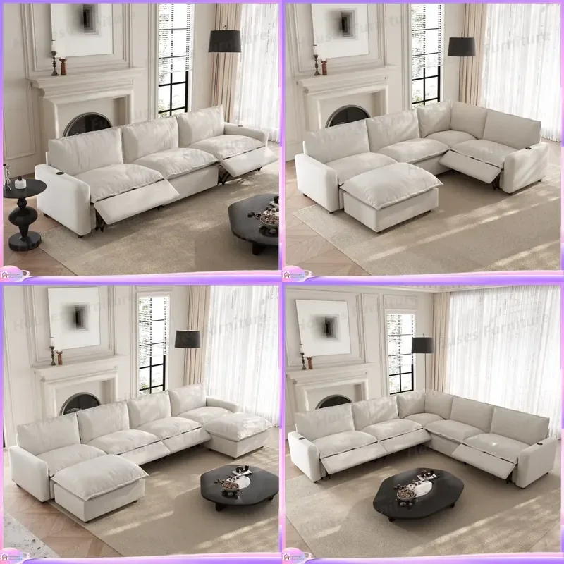 Recliner Sofa Set Waterproof Fabric White Living Room Furniture Modern Retractable Couch US Stock Direct Shipping
