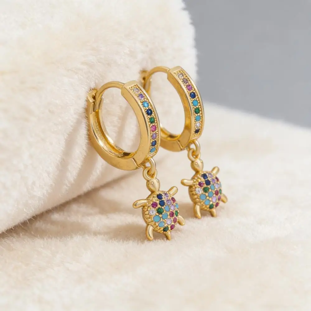 Ins Colorful Zircon Turtle Pendant Hoop Earrings For Women Gold Color Female Ear Buckle Wedding Party Jewelry Mother Plot Gifts