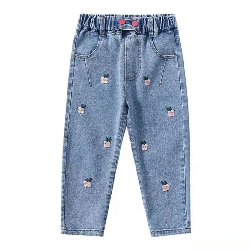 Girls  jeans spring and autumn wear new style loose and thin spring children\'s embroidered jeans for girls baby pants2-7Y