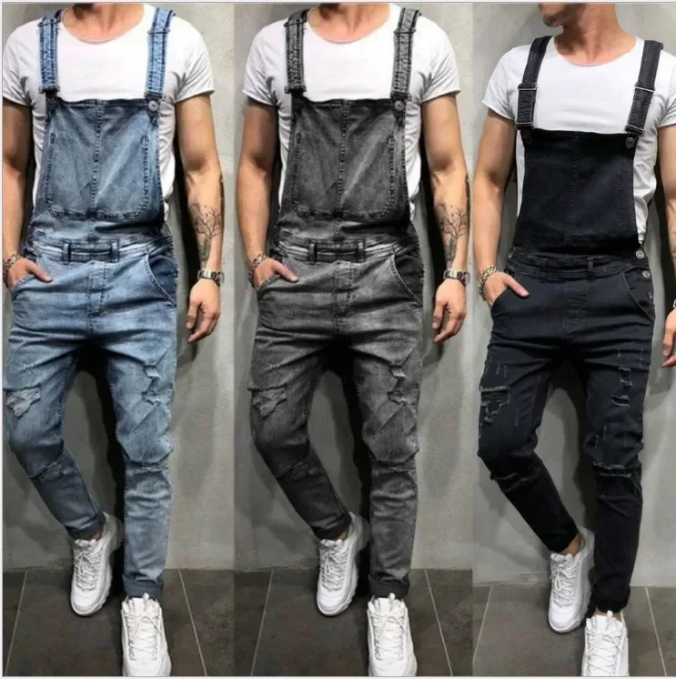 

Men Jeans Jumpsuits Denim Overalls Distressed Pockets One Piece Pencil Pants Solid Washed Ankle Length Safari Style Spliced 2025