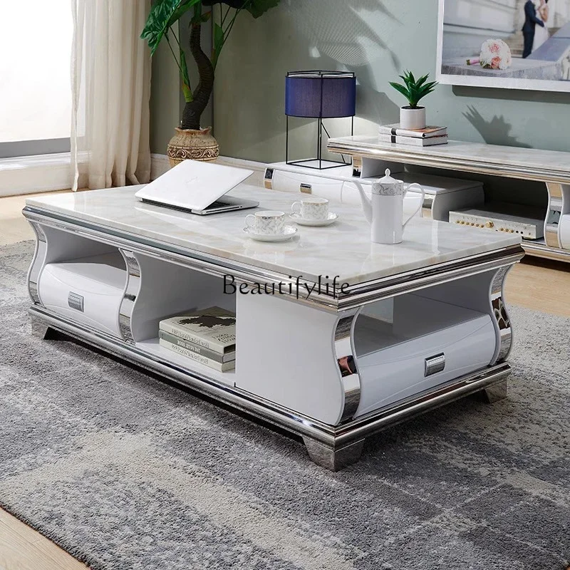 

Z.Light luxury marble coffee table living room household stainless steel paint multi-functional advanced coffee table