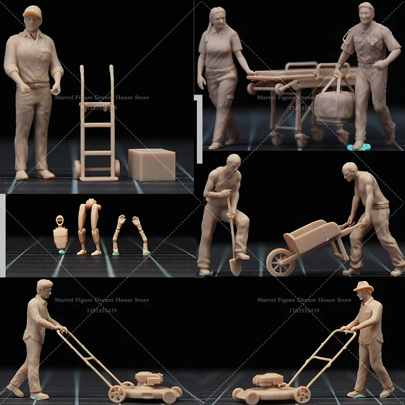 1/64 1/43 Scale Miniature Scene Dolls Un-panited White Figure Micro Model Emergency Doctor Stretcher‌ Lawn Mower Worker ﻿