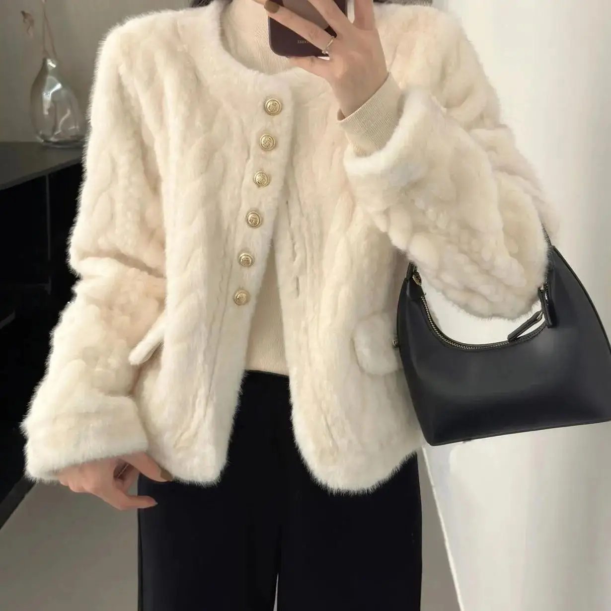 Winter Women's ort Fur Jaet Quilted Plaid Outerwear Button Detail round Ne Long Sve Thiened Commute Sle Coat