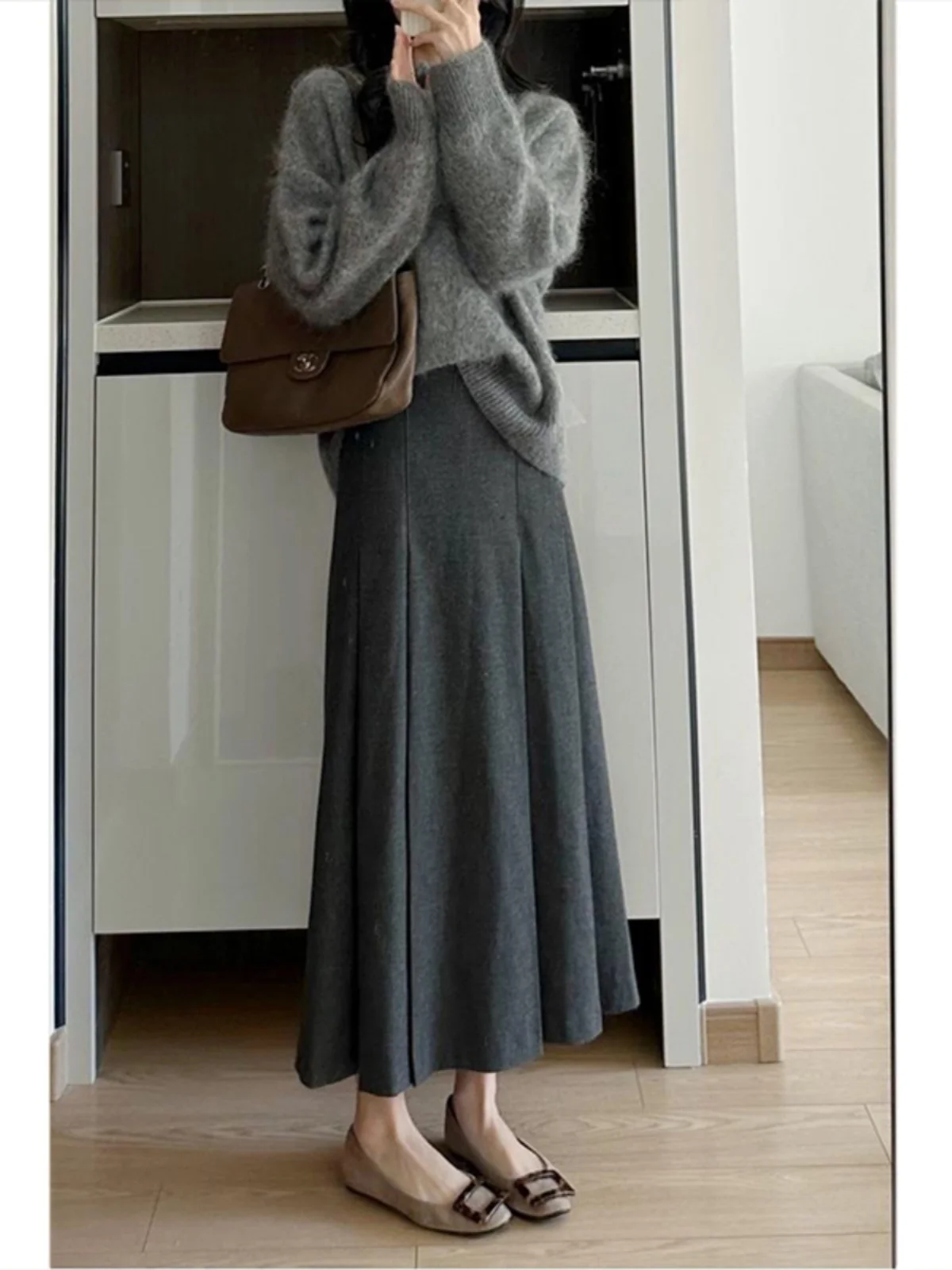 Gray Woolen A-Line  Skirt High Waist Commute Women's Fashion Korean Style Polyester Fiber Umbrella Skirt Slimming