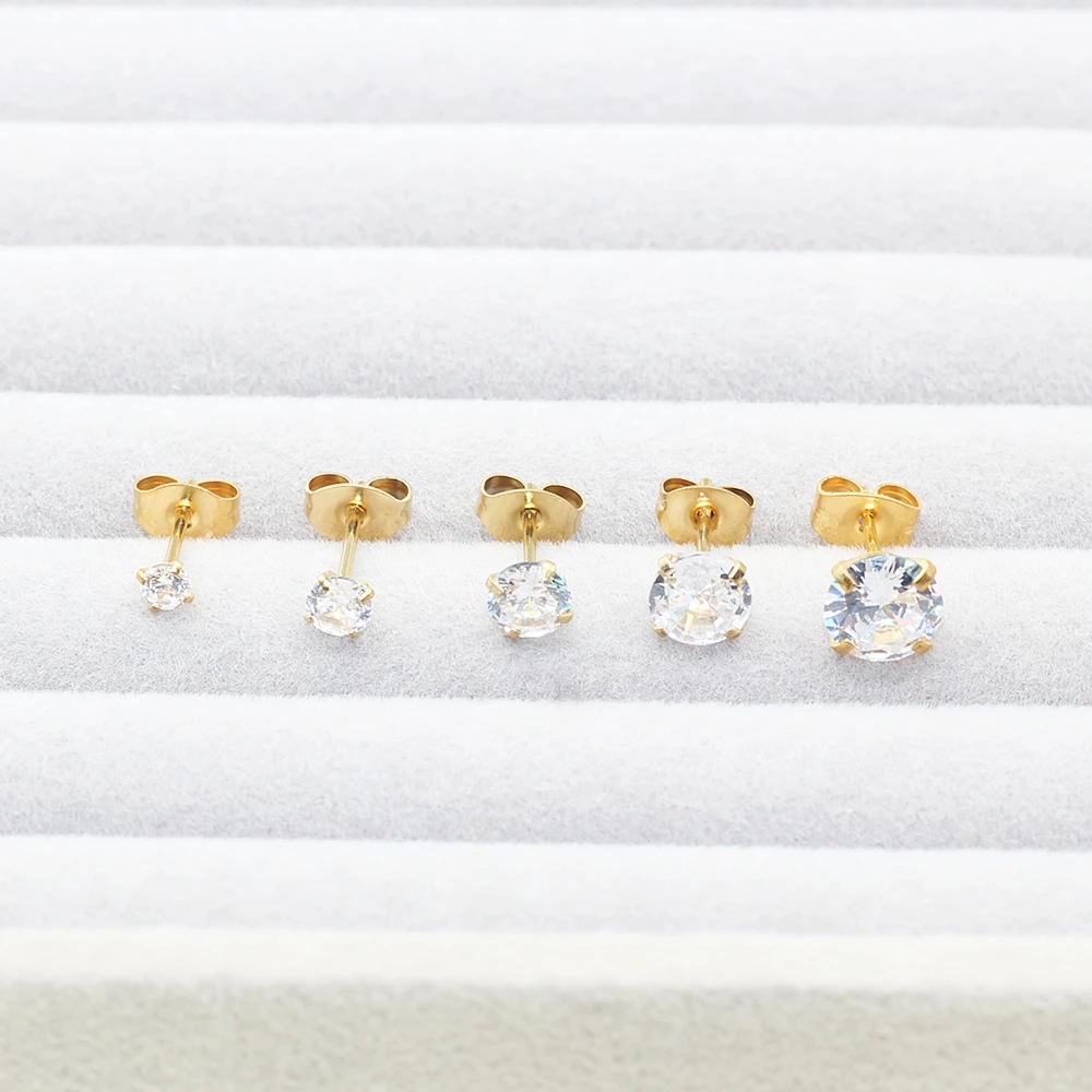 3 4 5 6MM White Zircon Gold Color Steel Round Brief Stud Earrings 316L Stainless Steel IP Planting No Fade Anti Allergy