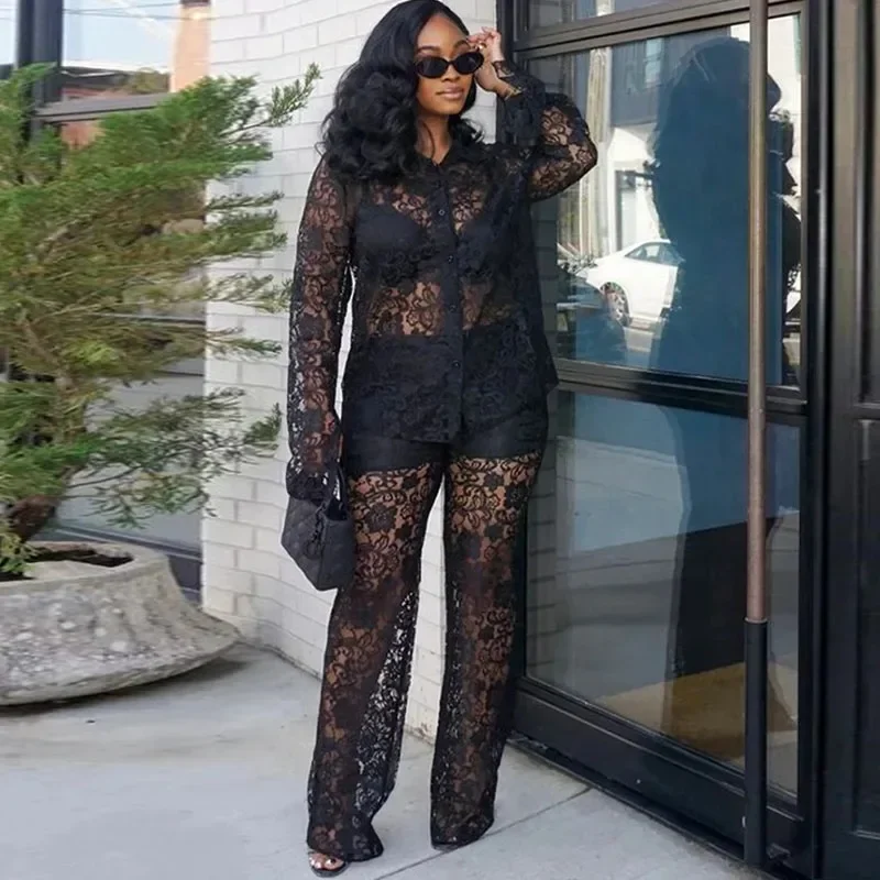 الأزهار الدانتيل مثير نادي الزي للملابس النسائية انظر من خلال قميص طويل الأكمام أعلى وسراويل واسعة الساق فرقة 2 قطعة فام
