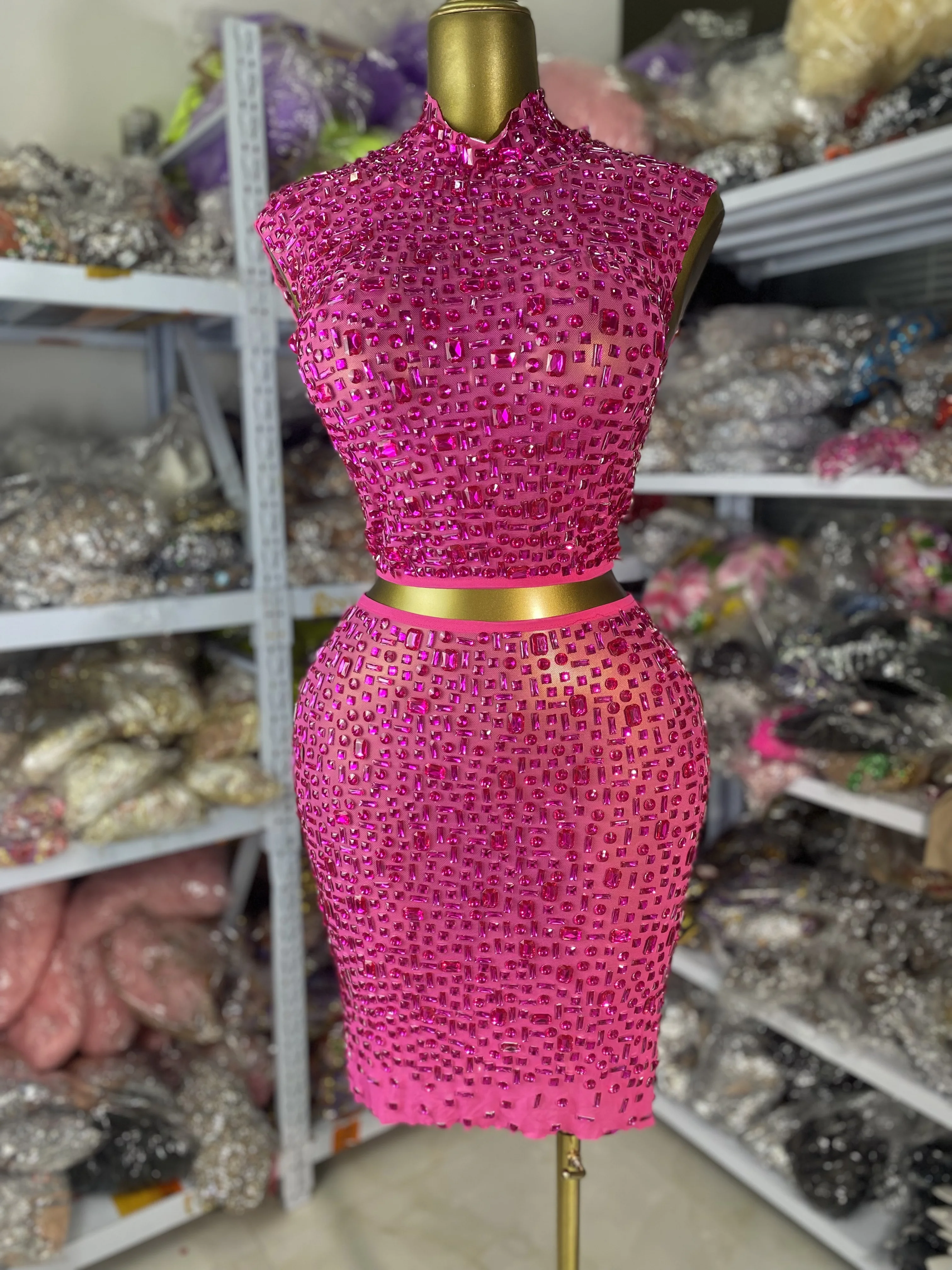 

Women Summer Evening Club Party Dress Hot Pink Crystal Mesh Bodycon Mini Two Piece Sets Special Occassion Music Festival Outfits