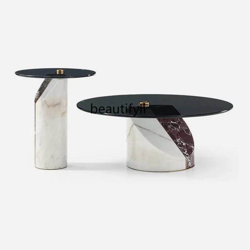 Italian light luxury marble Nordic designer, glass coffee table model room, living room Hong Kong style edge table round