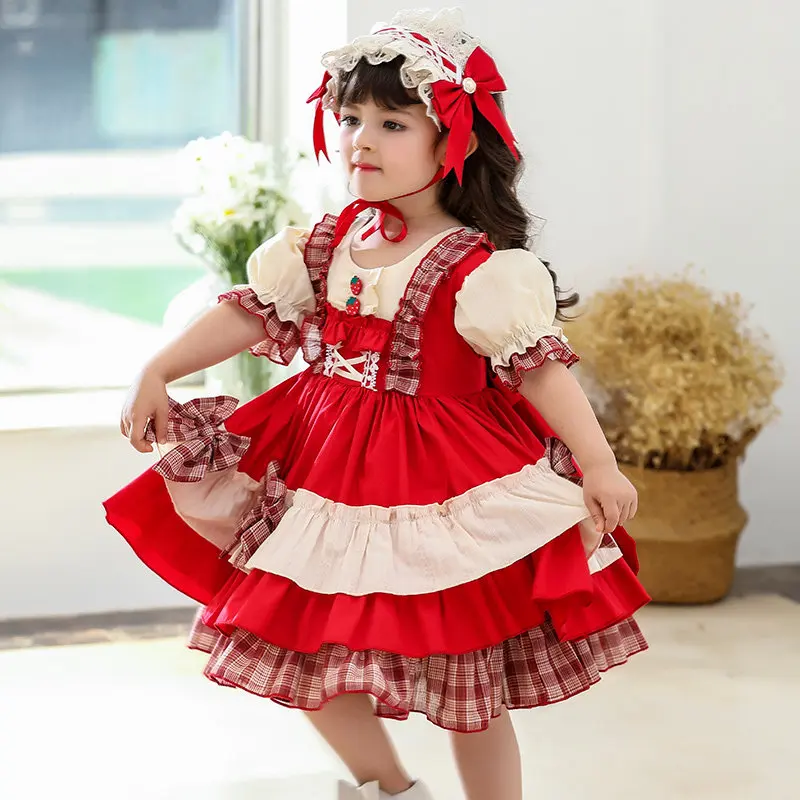 Rotes kariertes Kinder-Kostüm-Set im Rotkäppchen-Lolita-Stil mit Puffärmeln, Rüschenrock, Schleife und Spitzen-Stirnband für Kinder-Cosplay. – Detail 3