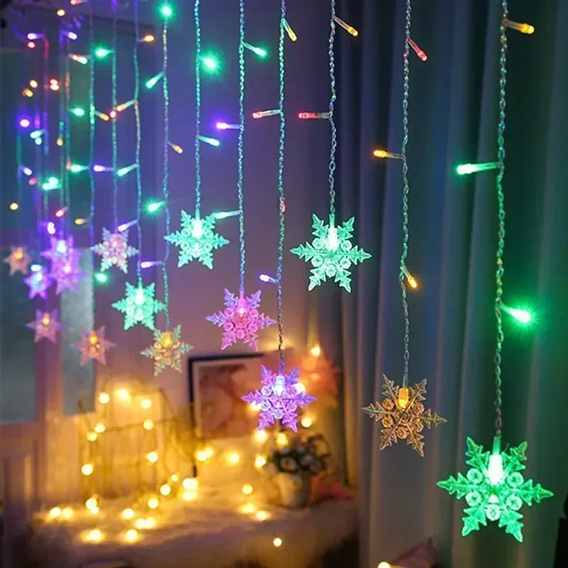 EU Plug Snowflake Curtain LED String Lights Christmas Decoration New Year Holiday Wedding Party Home 8 Modes Xmas Fairy Lights
