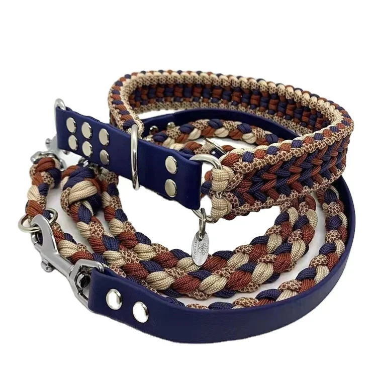 durable cotton reflective braided bungee training and walking  jacquard high end luxury pet paracord dog collar and lead set