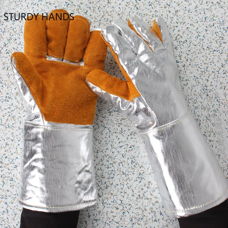 Thickening Aluminum Foil Gloves High Temperature Cowhide Gloves Heat Insulation Anti-radiation Work Gloves Kitchen Oven Gloves