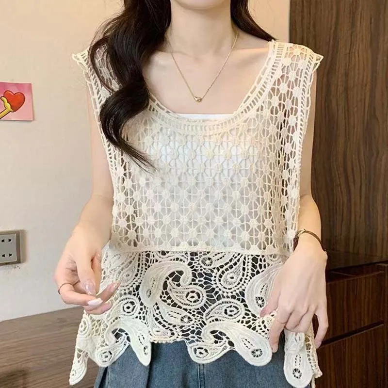 Boring Honey Korean Style Crochet Hollow Out Cami Top Women New Design Unique Strap Vest Summer Loose Casual Sleeveless Tank Top