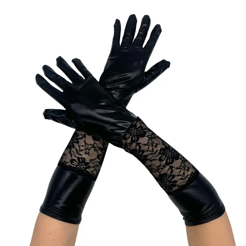 

U4LE Long Black Operas Party Gloves for Women Stretchy Elbow Length Party Gloves Leather Lace Gloves for Wedding Halloween