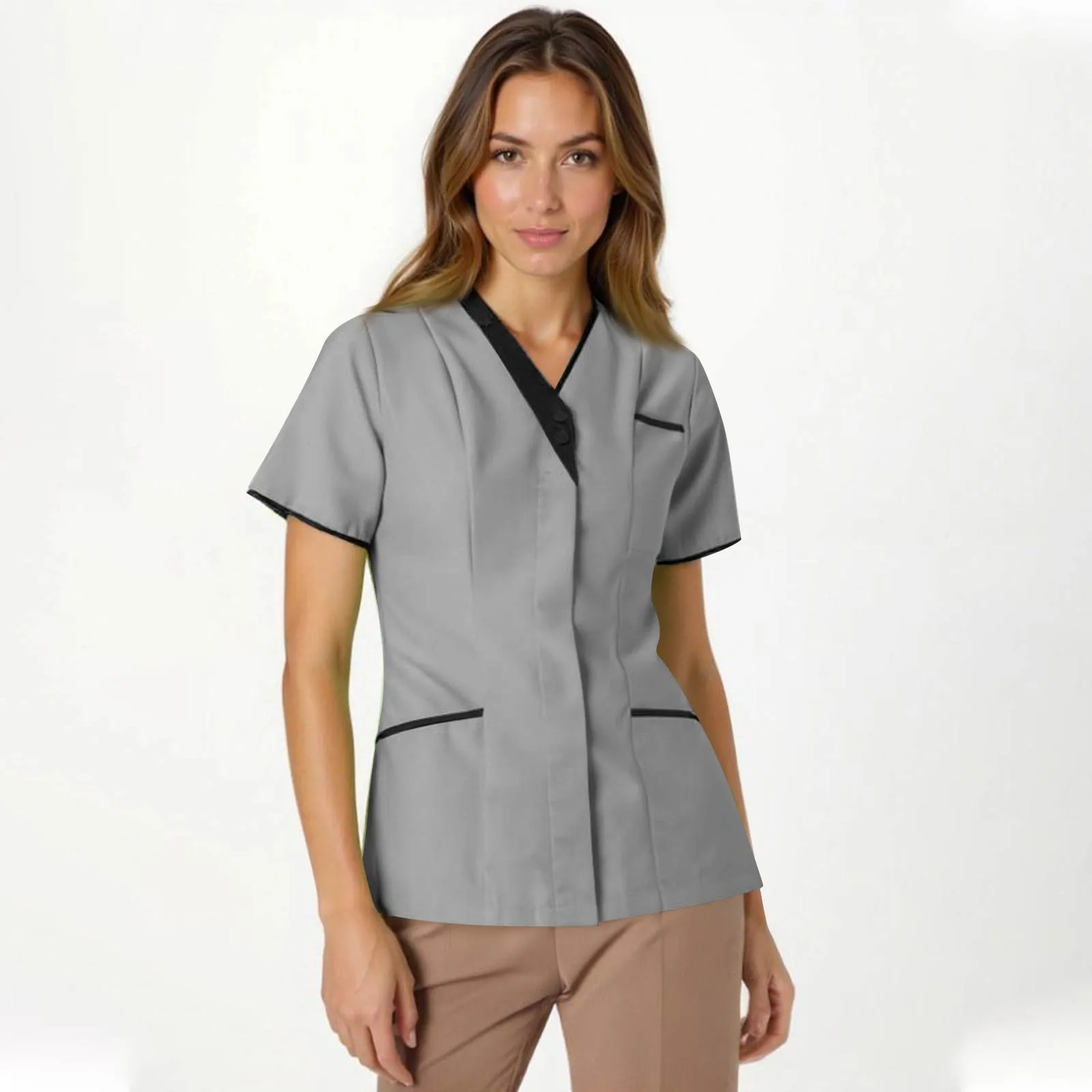 Women's Fashion Solid Colour V-Neck Short Sleeve Overalls With Pockets Basic Summer Lightweight Comfoy Tops