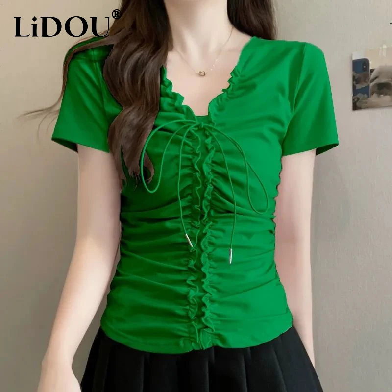 Summer New V-neck Folds Drawstring Lace Up Slim T-shirt Female Short Sleeve Solid Color Casual Fashion Top Women All-match Top