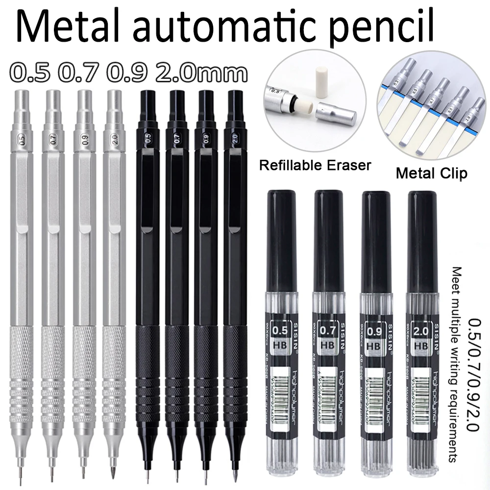 0,5/0,7/0,9/2,0mm Metall-Druckbleistift-Set mit Ersatzminen, Mechanischer Bleistift für Skizzen, Schule und Schreibwaren