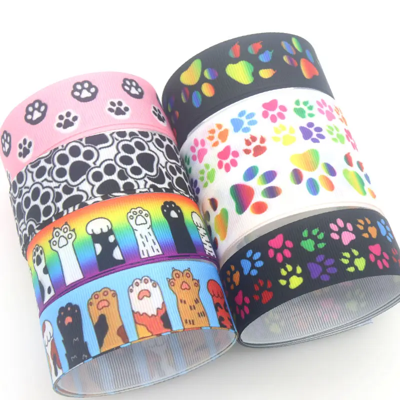 DHK 50yards Cat Paw Printed Grosgrain Ribbon Accessories Material Headwear Decoration DIY Sewing Craft S1786