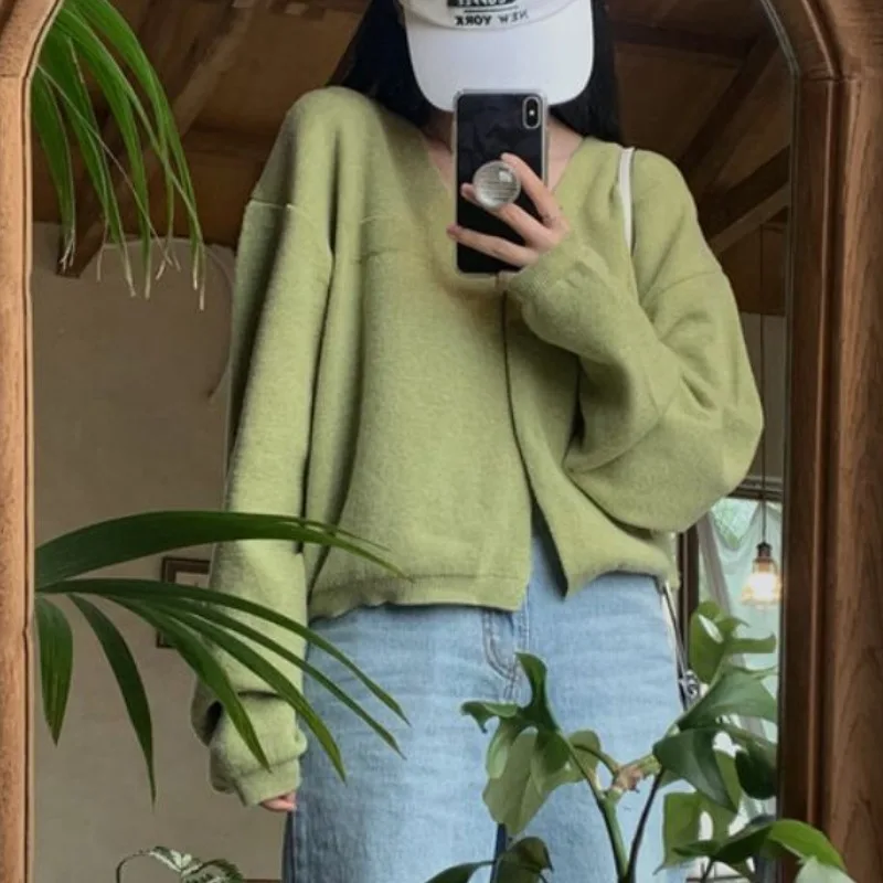 Cardigan ouvert tricoté ample printemps automne Chic v-ne Simple vêtements d'extérieur en Polyester avec bouton k et conception ket pour les femmes