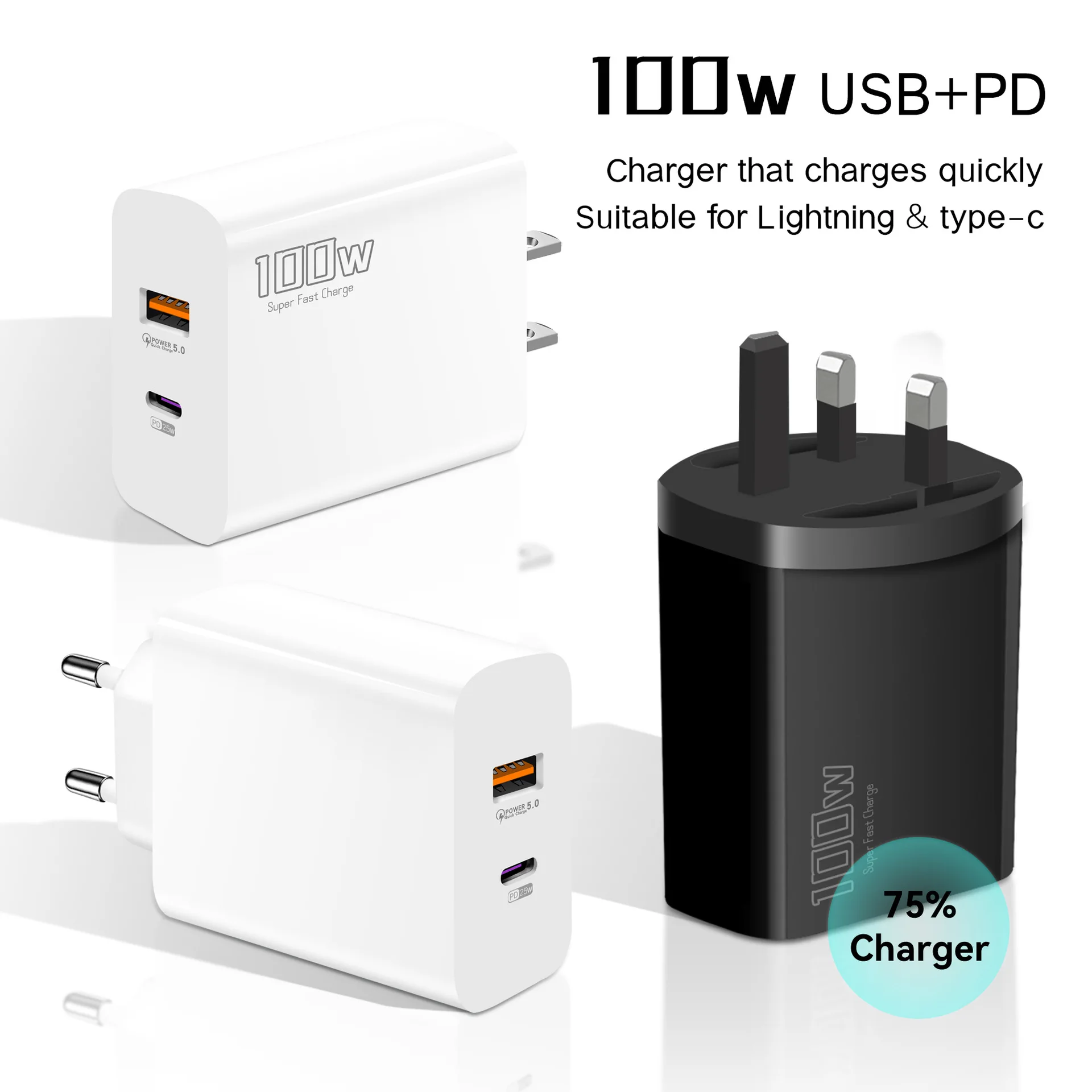 

100W Fast Charging PD25W QC3.0 USB C Phone Charger EU/UK/US Power Adapter for Huawei Samsung iPhone Xiaomi Tablet Quick Charge