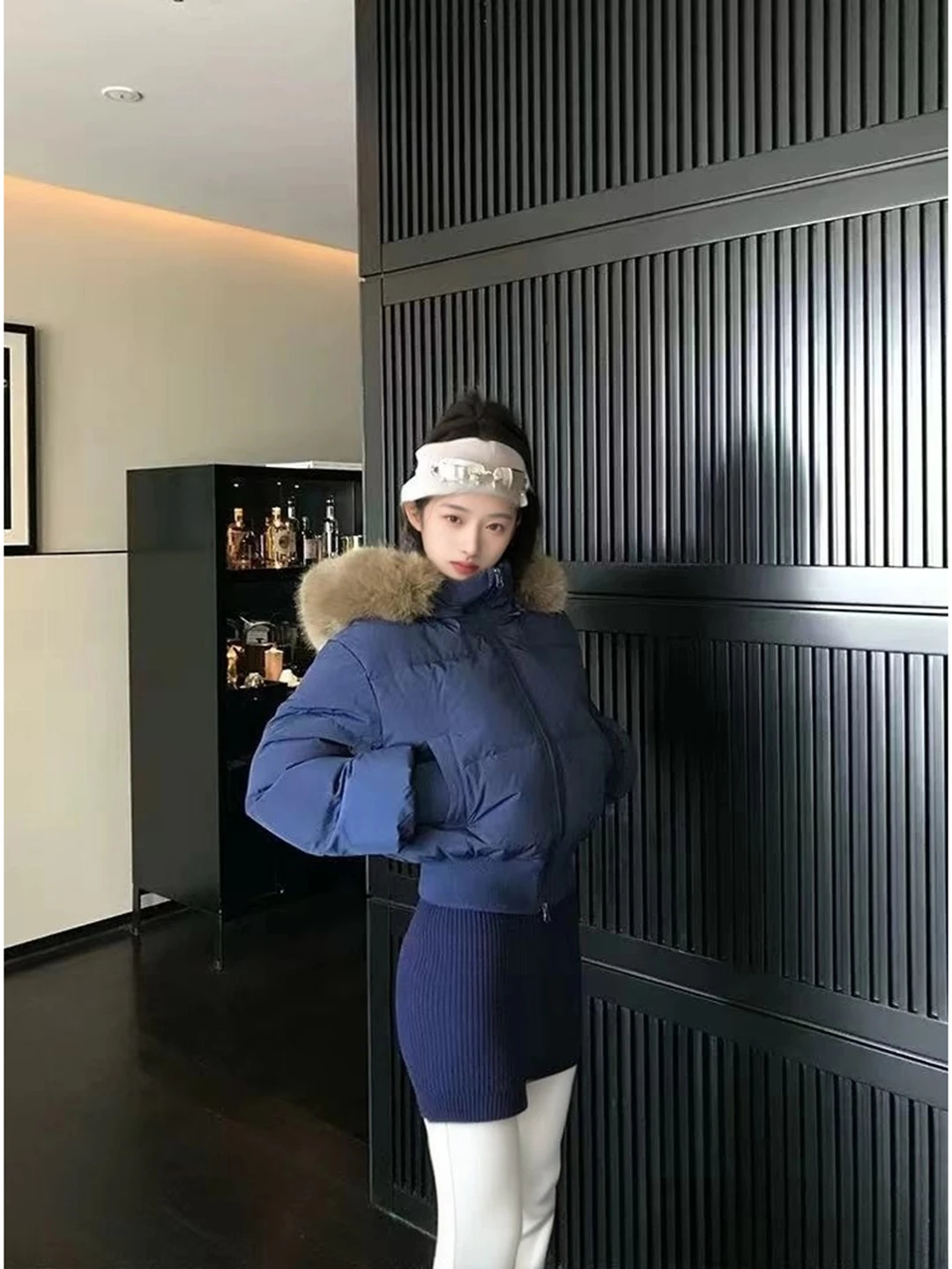 韓国風ゆったり通勤ファッション中国製2025冬レディースコートフード付きファーカラー