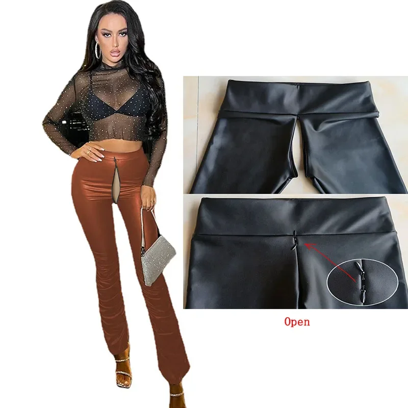 Sexy Fake Leather Pants Invisible Open Crotch Outdoor Sex Club PU Trousers Women High Waist Peach Butt Push Up Leggings Female