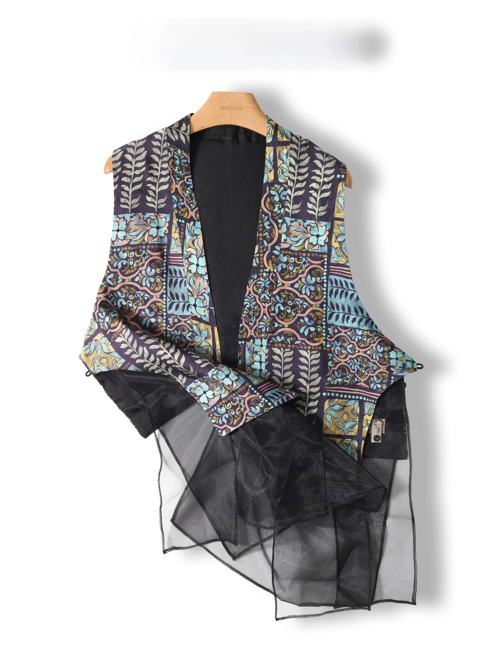 

French Cabinet Summer V-neck Printed Lace Paneling Chinese Style Mid-length Women's Trendy Jacket with Belt Loose Fit Floral