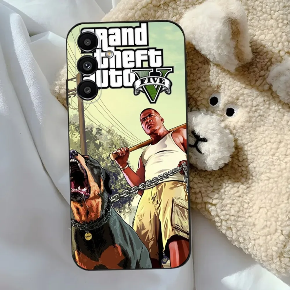 حافظة هاتف G-GTA V Game لهاتف سامسونج S24,23,22,30,21,10,9,Ultra,Plus,Lite,FE,5G حافظة سوداء ناعمة