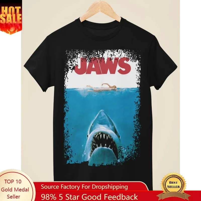 

Jaws Movie Poster Inspiration Neutral Black T-shirt Four Seasons Men and Women Pure Cotton Casual Fashion Streetwear