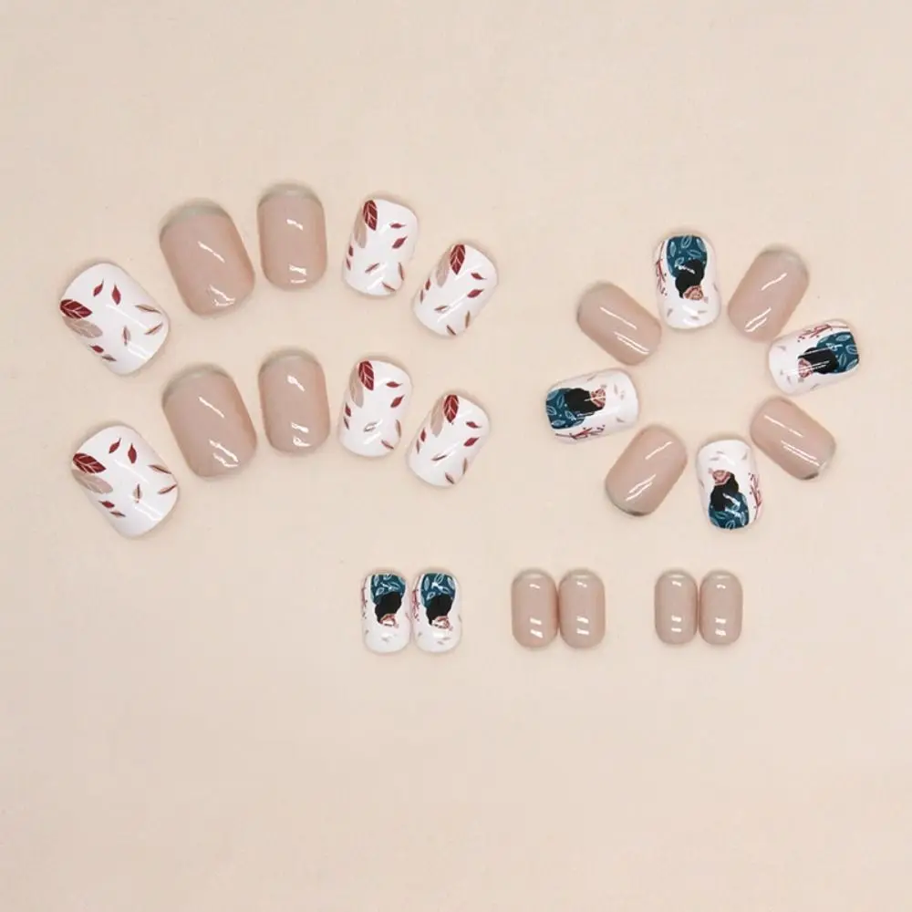 短い丸い偽のネイル,完全なカバー,取り外し可能,フランス,青,葉,ネイルチップ,24個