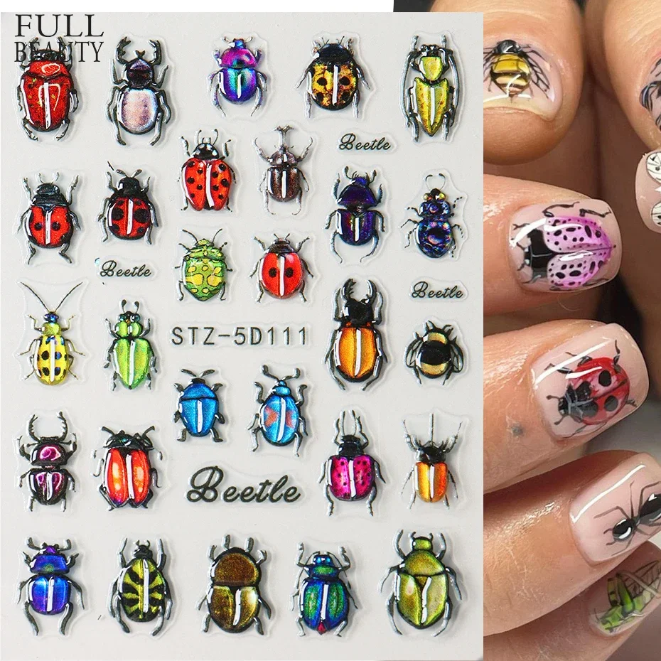 5D Beetle Bug Nail Art Sticker Decals Ladybug Glowworm Longicorn Jelly Nail Art Decorations Acrylic Adhesive Gel Slider Manicure