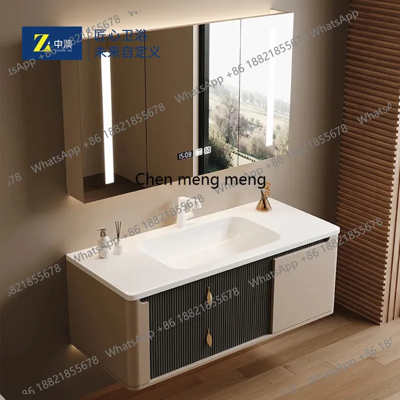 

Integrated basin oak bathroom cabinet combination light luxury slate seamless basin toilet washbasin cabinet