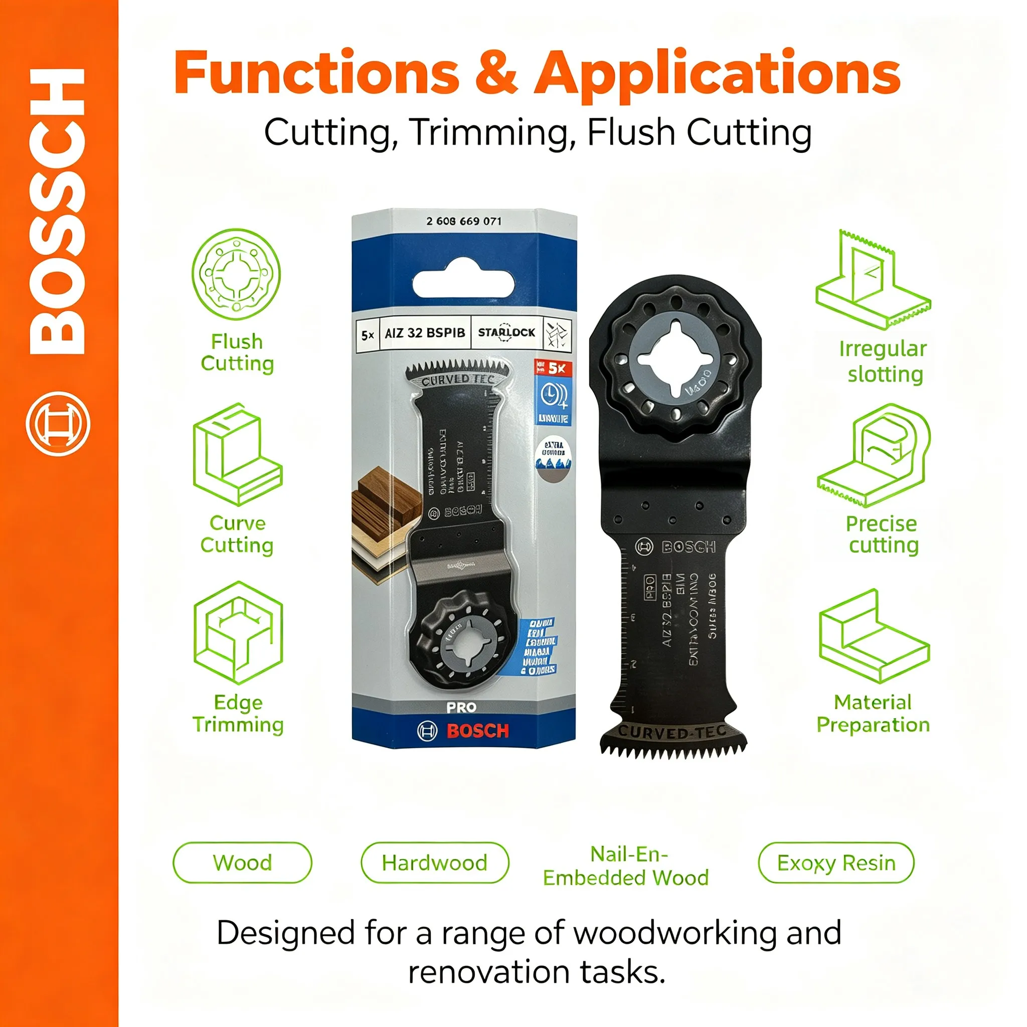 Bosch Starlock Oscillating Saw Blade 5 Pcs AIZ 32 BSPB BIM Plunge Cut Saw Blade Hardwood Multitool Saw Blades