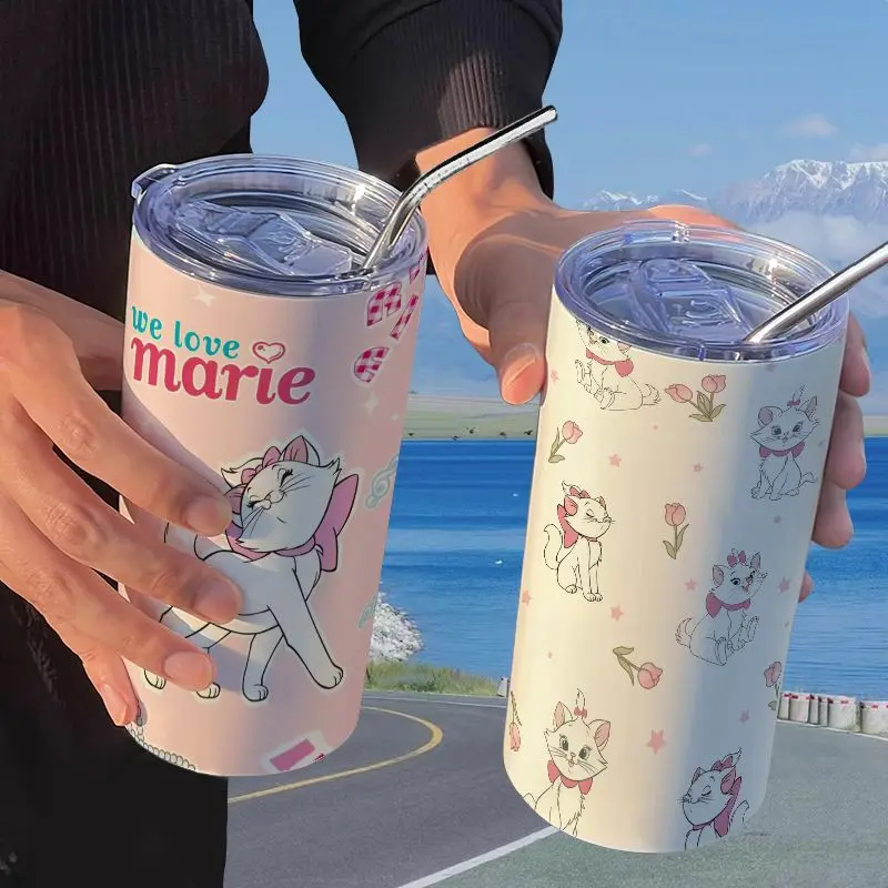 Disney Marie Cartoon Girl Heart Stainless Steel Insulated Straw Coffee Cup Student Portable High-Looking Cup Best Friend Gift